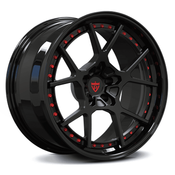 Custom forged 2-piece wheels RV-DF04 for Dodge Dakota R/T, 17"-26" black with red accents, 6 lug rims, OEM TPMS and lug compatible